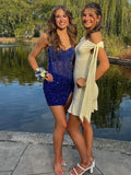 Fuchsia Sparkly Bodycon Strapless Sequins Mini Party Dresses With Beadings