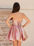 Pink - A Line Metallic Jacquard Scoop Neck Corset Short Homecoming Dresses