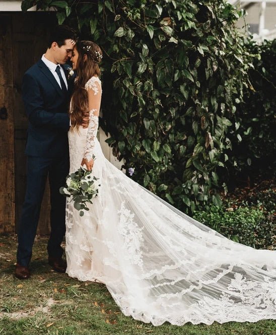 Lace Bohemian Deep-V Back Cathedral Train Wedding Dress