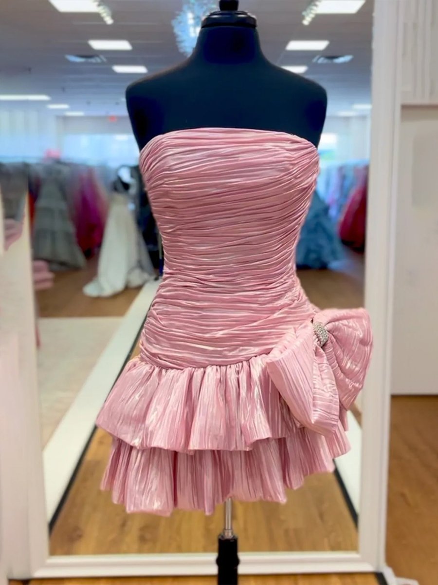 Sky Blue A Line Strapless Pleats Short Homecoming Dress with Bow