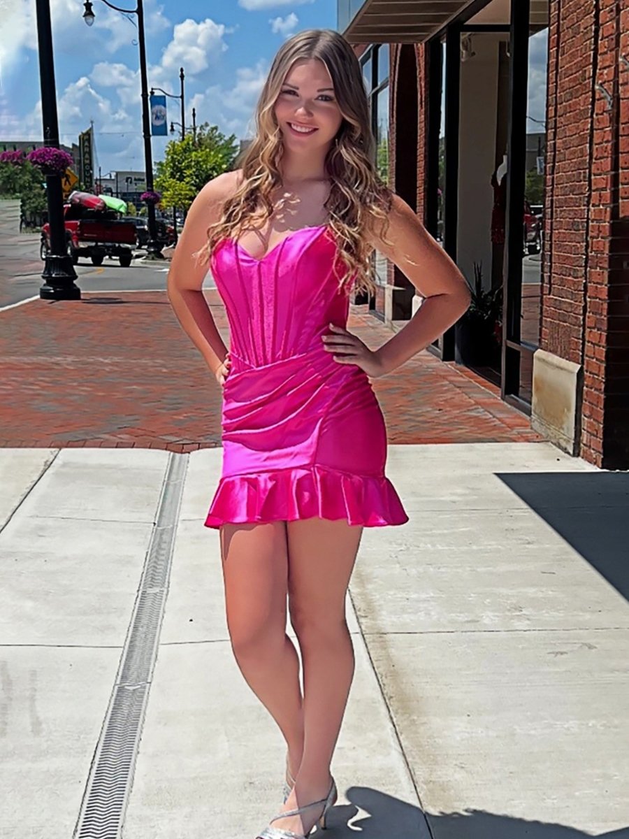 Fuchsia Strapless Bodycon Satin Pleated Homecoming Dresses With Ruffles