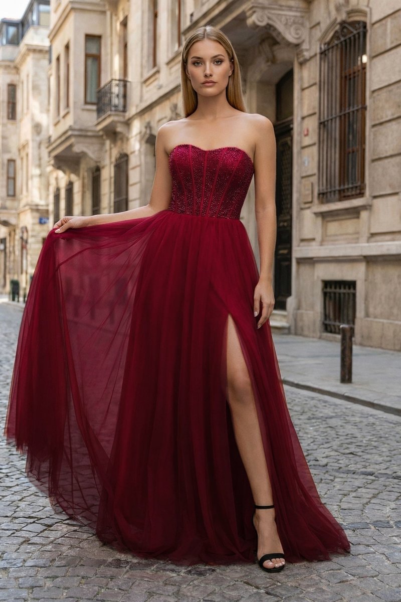 A-Line Sweetheart Beads Empire-Waist Sleeveless Prom Dress With Slit