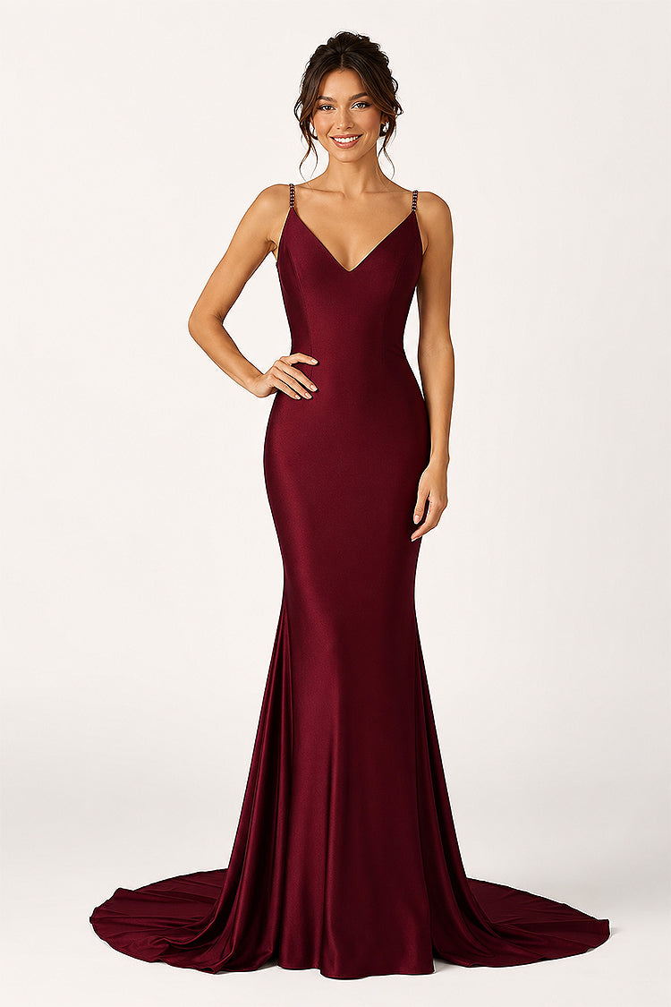 Navy Blue Beaded V-Neck Backless Mermaid Long Prom Dress