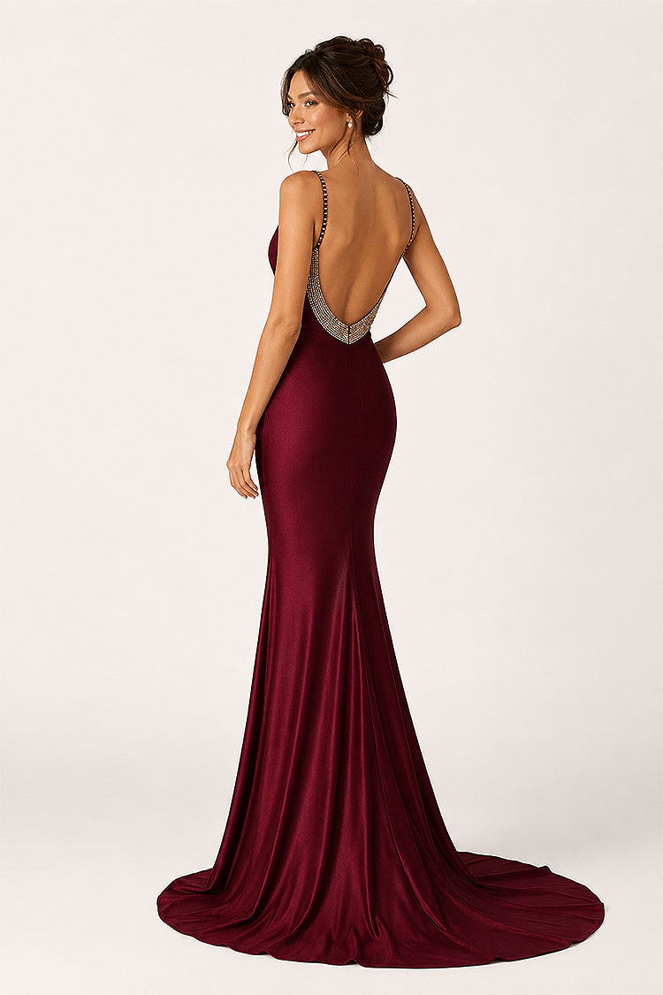 Navy Blue Beaded V-Neck Backless Mermaid Long Prom Dress