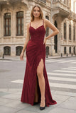Sheath Spaghetti Straps Black Satin Long Prom Dresses with Lace Appliques