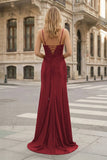 Sheath Spaghetti Straps Black Satin Long Prom Dresses with Lace Appliques