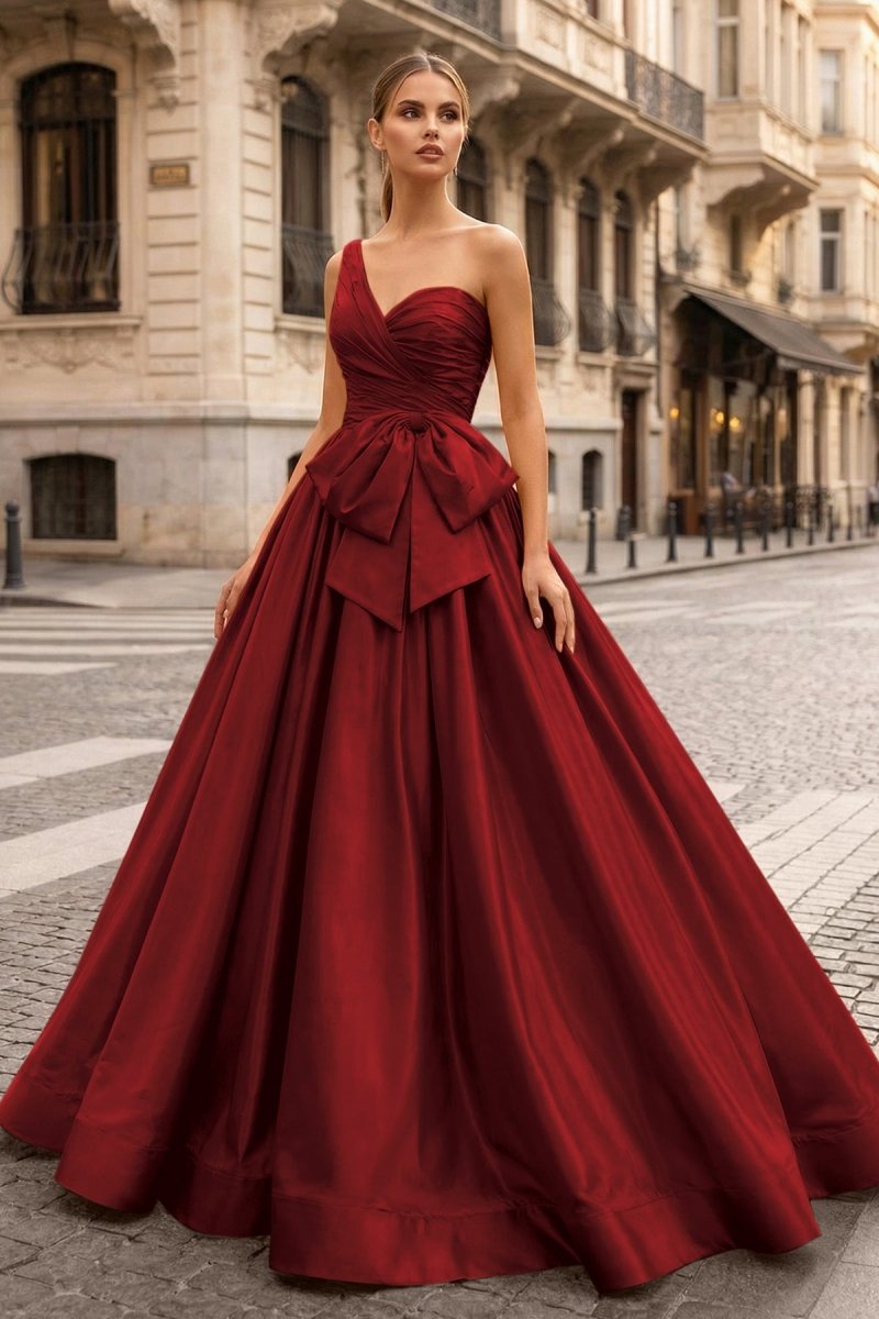 One Shoulder Satin A Line Prom Dress With Bow