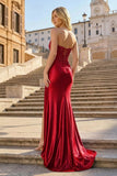 Coral Pink Mermaid Strapless Beaded Satin Long Prom Dresses With Slit