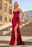 Coral Pink Mermaid Strapless Beaded Satin Long Prom Dresses With Slit