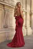 Coral Pink Mermaid V Neck Satin Open Back Long Prom Dresses With Bow