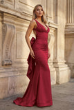 Coral Pink Mermaid V Neck Satin Open Back Long Prom Dresses With Bow