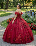 Quinceanera Dress Burgundy Off Shoulder Tulle Lace Long Prom Dresses