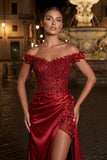 Burgundy Off The Shoulder Mermaid Beaded Satin Long Prom Dresses With Appliques