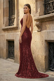Black Spaghetti Straps Mermaid Sequined Long Prom Dresses With Slit