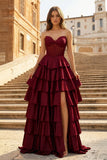 Gray Sweetheart A Line Satin Ruffled Long Prom Dresses With Slit