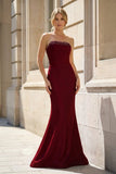 Fuchsia Strapless Mermaid Satin Long Prom Dresses With Beading