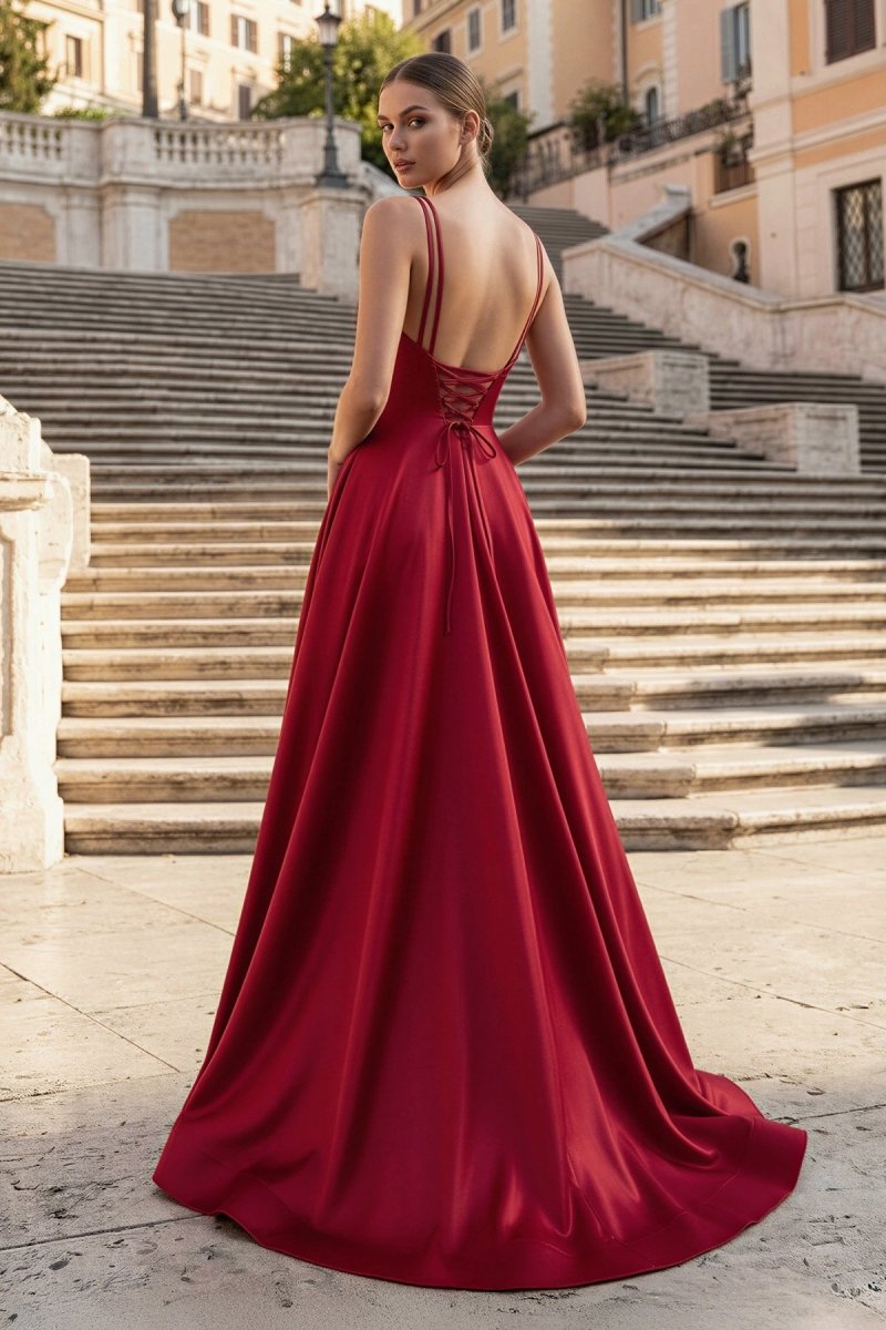 Burgundy Spaghetti Straps A Line Satin Long Prom Dresses With Slit
