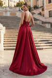 Burgundy Spaghetti Straps A Line Satin Long Prom Dresses With Slit