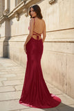 Red Spaghetti Straps Mermaid Satin Beaded Long Prom Dresses With Appliques