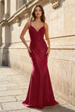 Red Spaghetti Straps Mermaid Satin Beaded Long Prom Dresses With Appliques