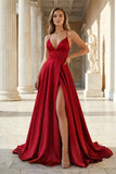 Pink Spaghetti Straps Satin Backless A Line Prom Dress With Pockets