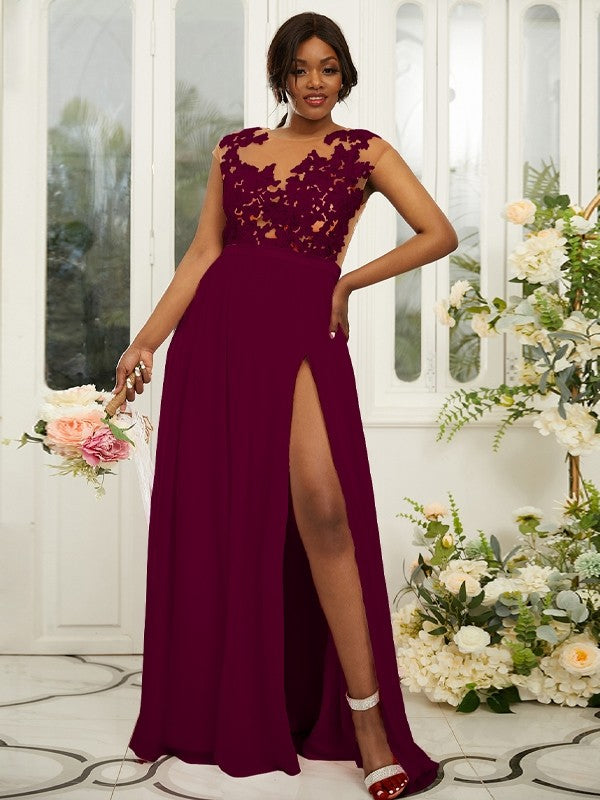 A-Line/Princess Chiffon Applique Scoop Sleeveless Floor-Length Bridesmaid Dresses Evening Prom Dress
