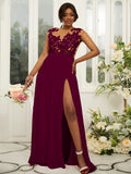 A-Line/Princess Chiffon Applique Scoop Sleeveless Floor-Length Bridesmaid Dresses Evening Prom Dress