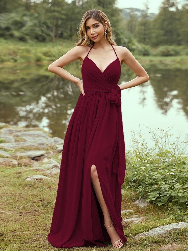 A-Line/Princess Chiffon Ruffles V-neck Sleeveless Sweep/Brush Train Bridesmaid Dresses Prom Dress