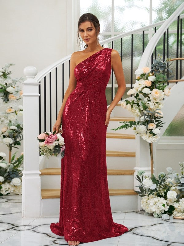 Sheath/Column Sequins Ruched One-Shoulder Sleeveless Sweep/Brush Train Bridesmaid Dresses Evening Dress