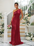 Sheath/Column Sequins Ruched One-Shoulder Sleeveless Sweep/Brush Train Bridesmaid Dresses Evening Dress