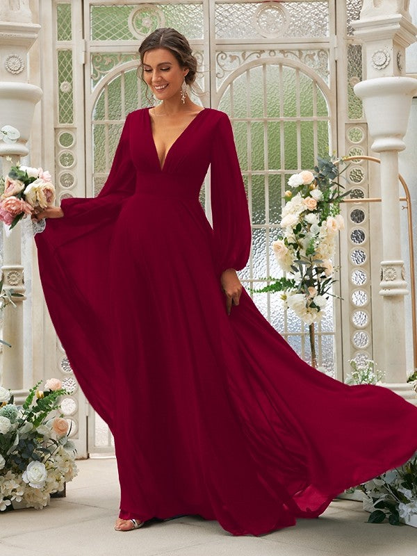 Vestido de dama de honor de corte A/princesa, de gasa, con volantes, escote en V, mangas largas y cola larga, vestido para madre de la novia
