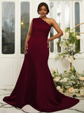 Sheath/Column Satin Lace One-Shoulder Sleeveless Sweep/Brush Train Bridesmaid Dresses Evening Dress
