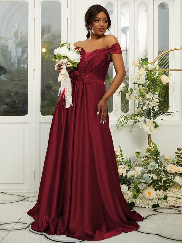 A-Line/Princess Silk like Satin Ruffles Off-the-Shoulder Sleeveless Sweep/Brush Train Bridesmaid Dresses Evening Dress