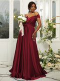 A-Line/Princess Silk like Satin Ruffles Off-the-Shoulder Sleeveless Sweep/Brush Train Bridesmaid Dresses Evening Dress