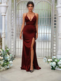 Sheath/Column Silk like Satin Ruched V-neck Sleeveless Sweep/Brush Train Bridesmaid Dresses Evening Dress