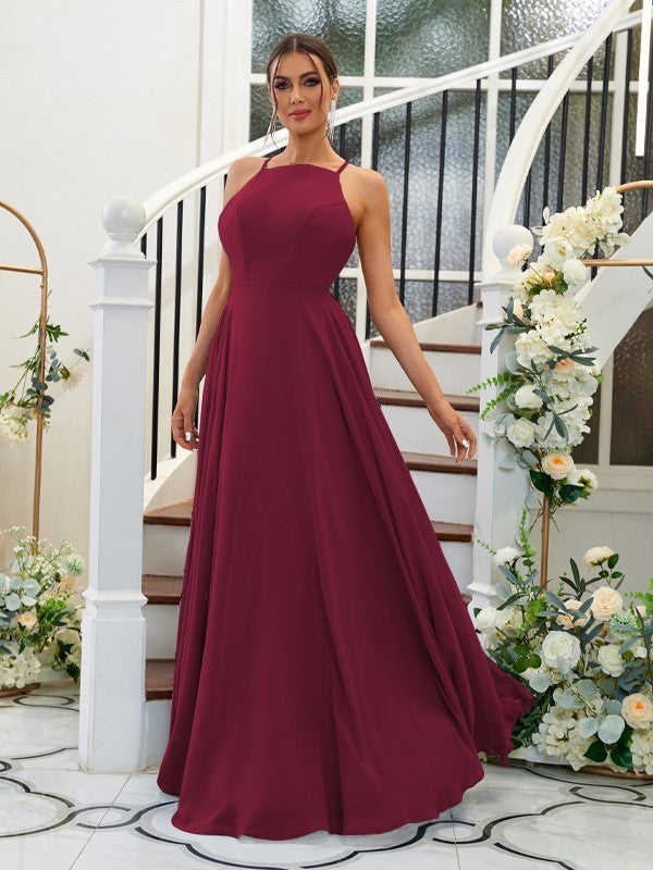 A-Linie/Princess-Linie Chiffon Rüschen Neckholder Ärmellos Bodenlang Brautjungfernkleider Abendkleid