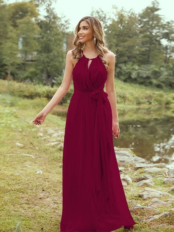 A-Line/Princess Chiffon Ruffles Halter Sleeveless Sweep/Brush Train Bridesmaid Dresses	Evening Prom Dress