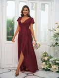A-Line/Princess Silk like Satin Ruched V-neck Short Sleeves Floor-Length Bridesmaid Dresses Evening Dress