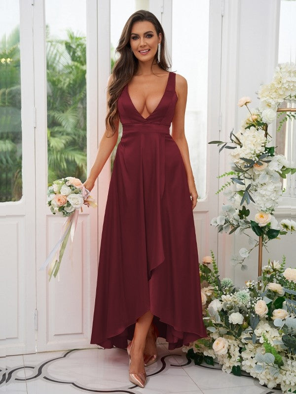 A-Line/Princess Silk like Satin Ruffles V-neck Sleeveless Ankle-Length Bridesmaid Dresses Prom Dress
