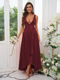 A-Line/Princess Silk like Satin Ruffles V-neck Sleeveless Ankle-Length Bridesmaid Dresses Prom Dress