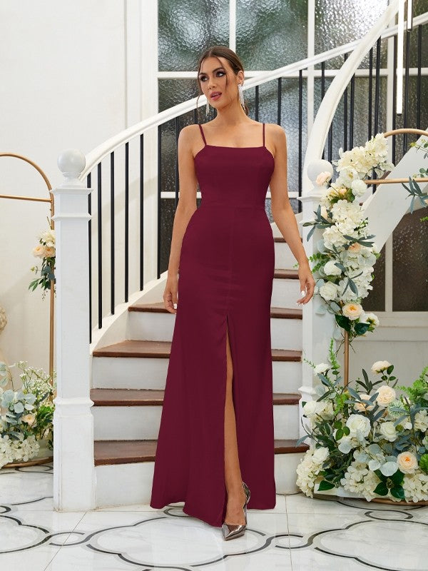 A-Line/Princess Silk like Satin Ruffles Spaghetti Straps Sleeveless Floor-Length Bridesmaid Dresses Evening Dress