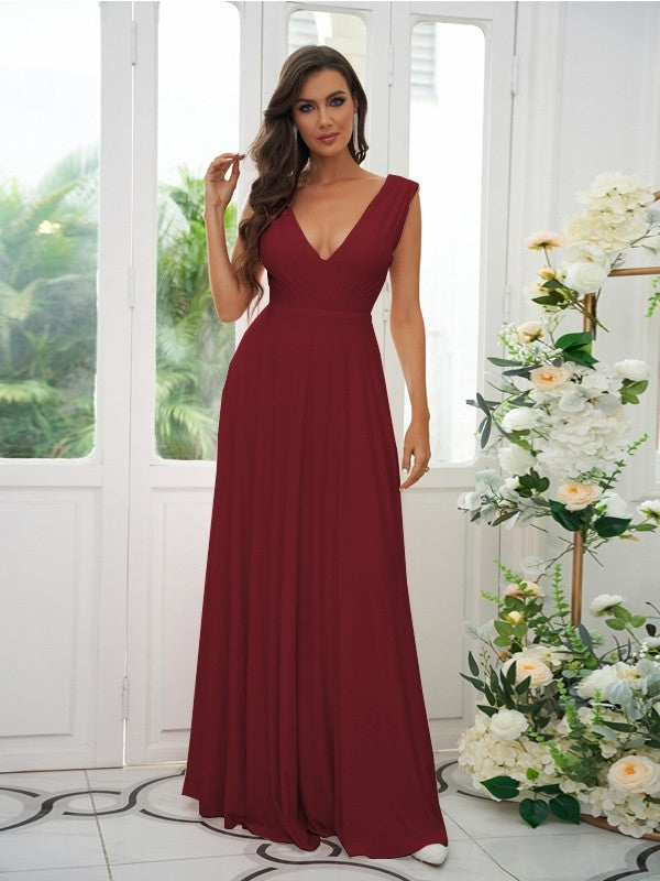 A-Line/Princess Jersey Ruffles V-neck Sleeveless Floor-Length Bridesmaid Dresses Evening Prom Dress
