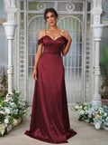 A-Line/Princess Silk like Satin Ruched Sweetheart Sleeveless Sweep/Brush Train Bridesmaid Dresses Evening Dress
