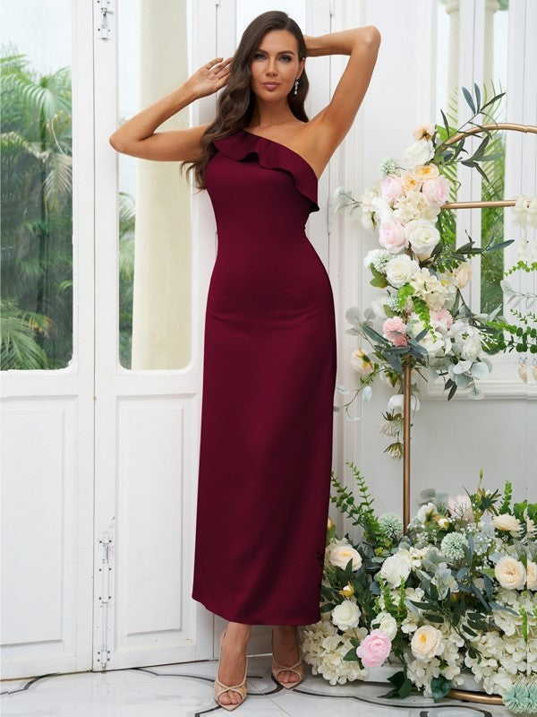 Sheath/Column Charmeuse Ruffles One-Shoulder Sleeveless Ankle-Length Bridesmaid Dresses Evening Dress