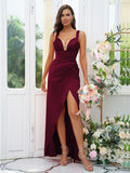 Sheath/Column Charmeuse Ruched V-neck Sleeveless Floor-Length Bridesmaid Dresses Evening Dress