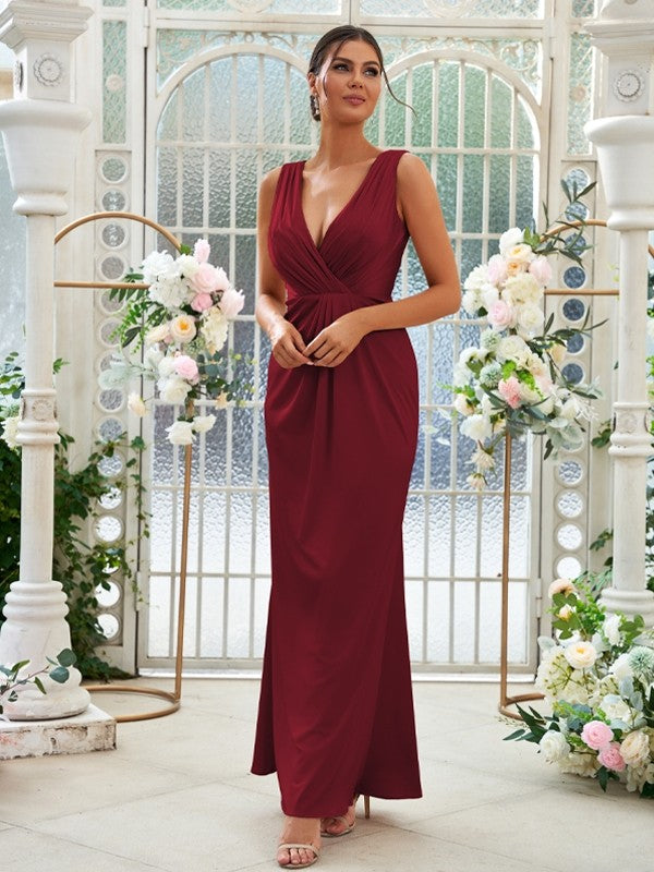 Sheath/Column Jersey Ruched V-neck Sleeveless Floor-Length Bridesmaid Dresses Evening Dress