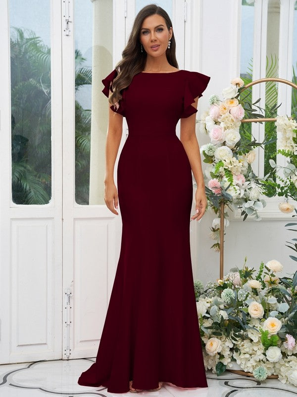 Sheath/Column Stretch Crepe Ruffles Scoop Short Sleeves Sweep/Brush Train Bridesmaid Dresses Evening Dress