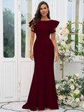 Sheath/Column Stretch Crepe Ruffles Scoop Short Sleeves Sweep/Brush Train Bridesmaid Dresses Evening Dress