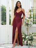 A-Line/Princess Silk like Satin Ruched V-neck Sleeveless Floor-Length Bridesmaid Dresses Evening Dress