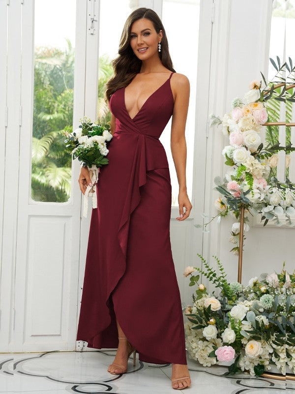 A-Line/Princess Silk like Satin Ruffles V-neck Sleeveless Floor-Length Bridesmaid Dresses Prom Dress
